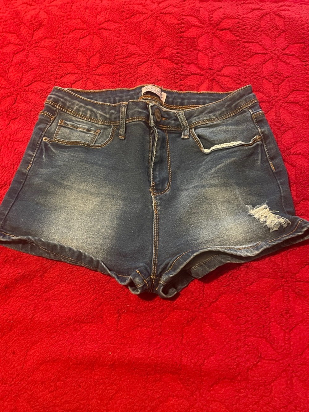 High-Rise Dark Blue Distressed Denim Shorts